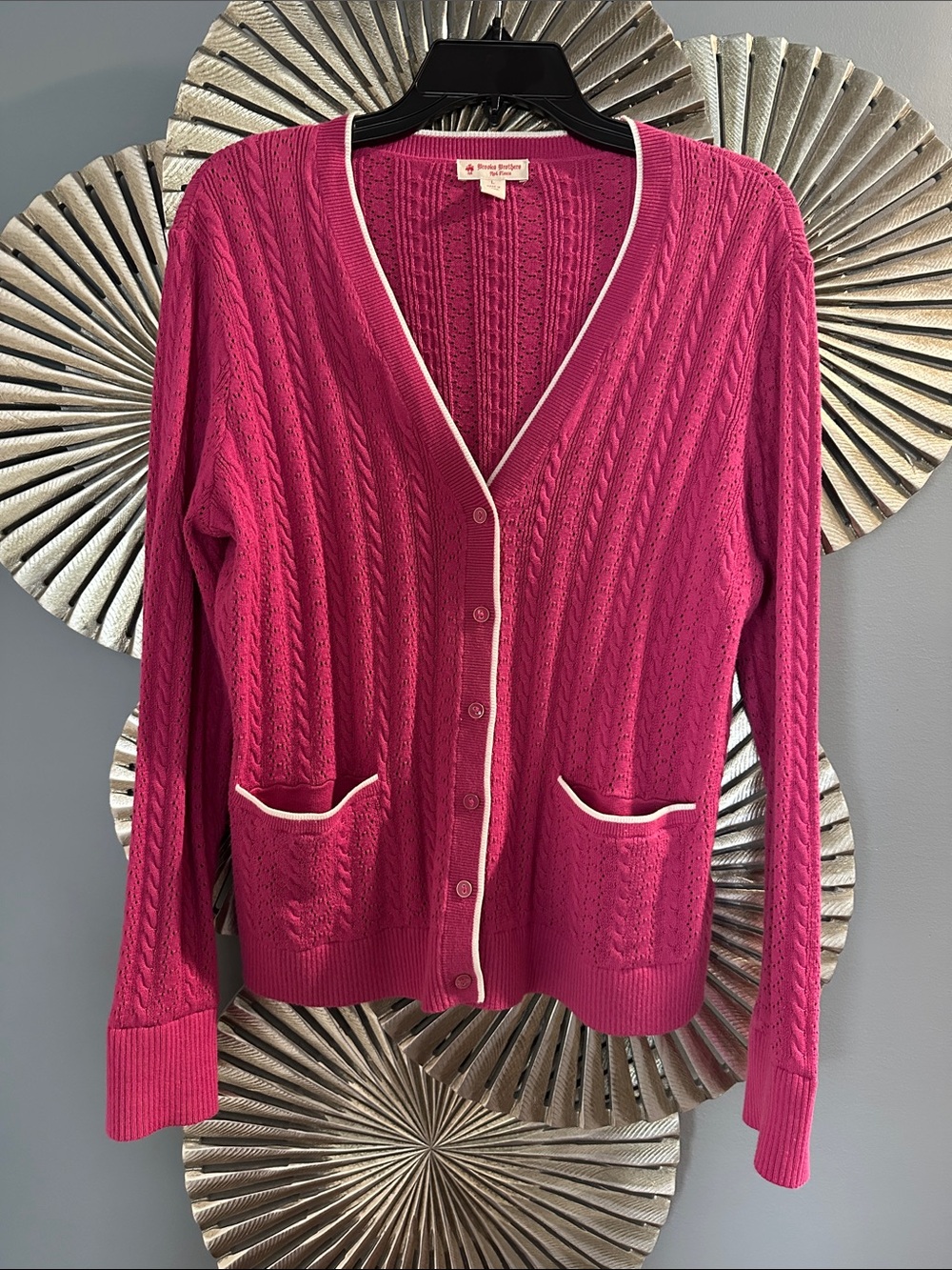 Brooks Brothers Fuchsia Cable-Knit Button Cardigan with White Trim